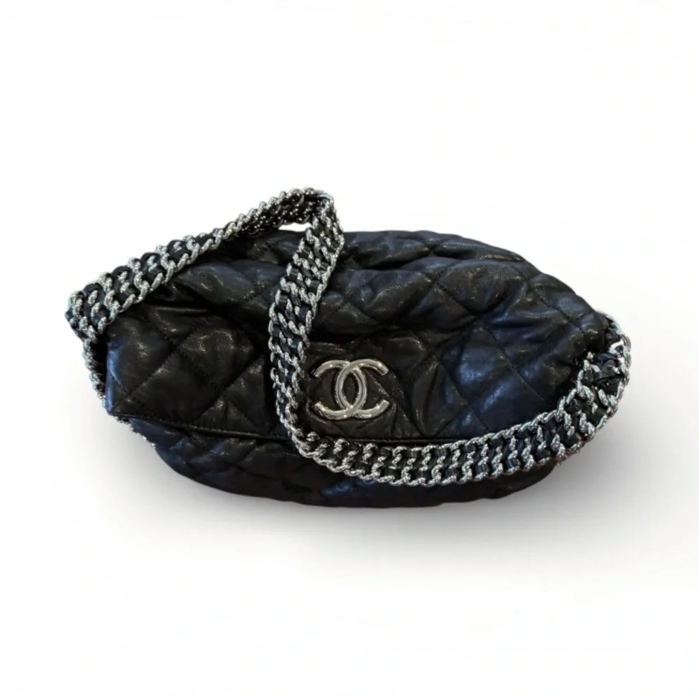 💞CHANEL BLACK Quilted Distressed / Washed Lambskin Double Chain Tote Silver HW